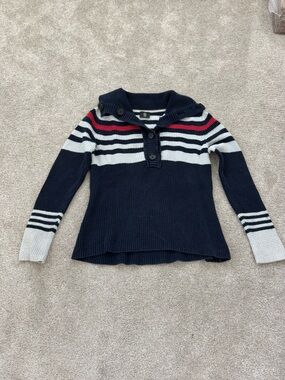Bogner Navy, White & Red Striped Knit Cardigan Quiet Luxury Minimalist Euro Ski